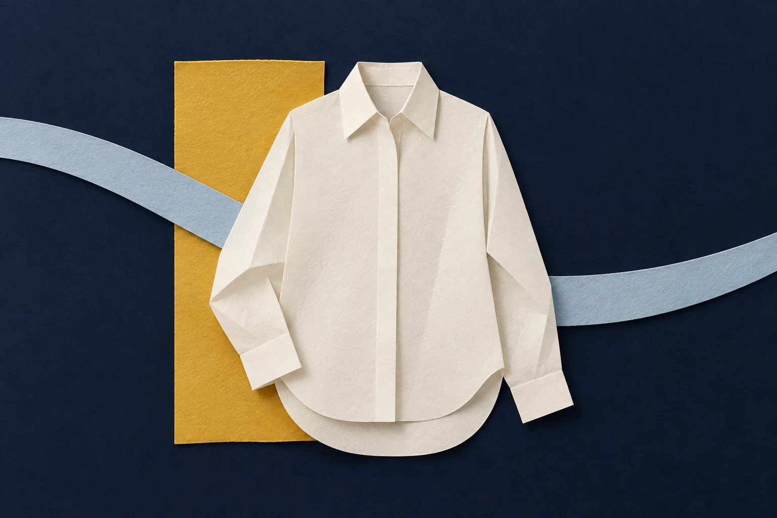 An ivory paper shirt overlaps a mustard rectangle and a pale blue curved strip on a navy background.