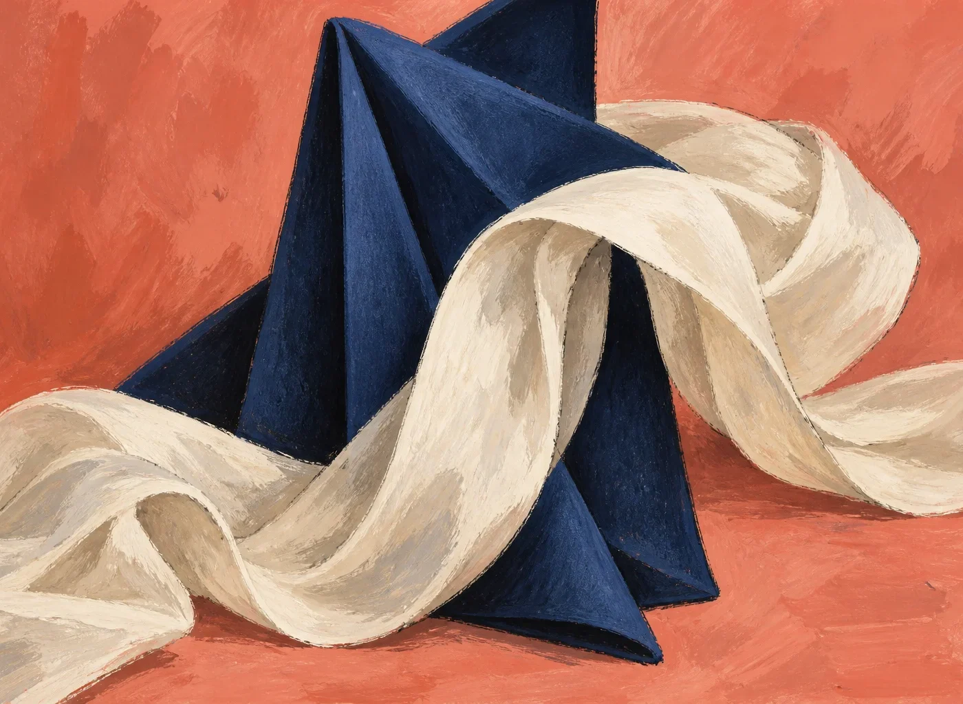 A sharply folded navy form intersects a flowing ivory ribbon of fabric in a textured painting on a muted coral background.