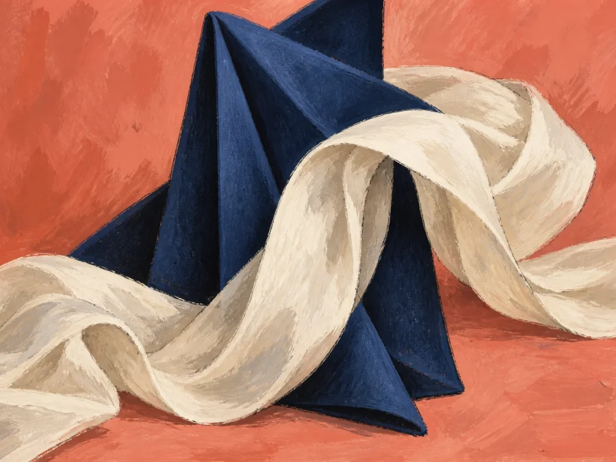 A sharply folded navy form intersects a flowing ivory ribbon of fabric in a textured painting on a muted coral background.