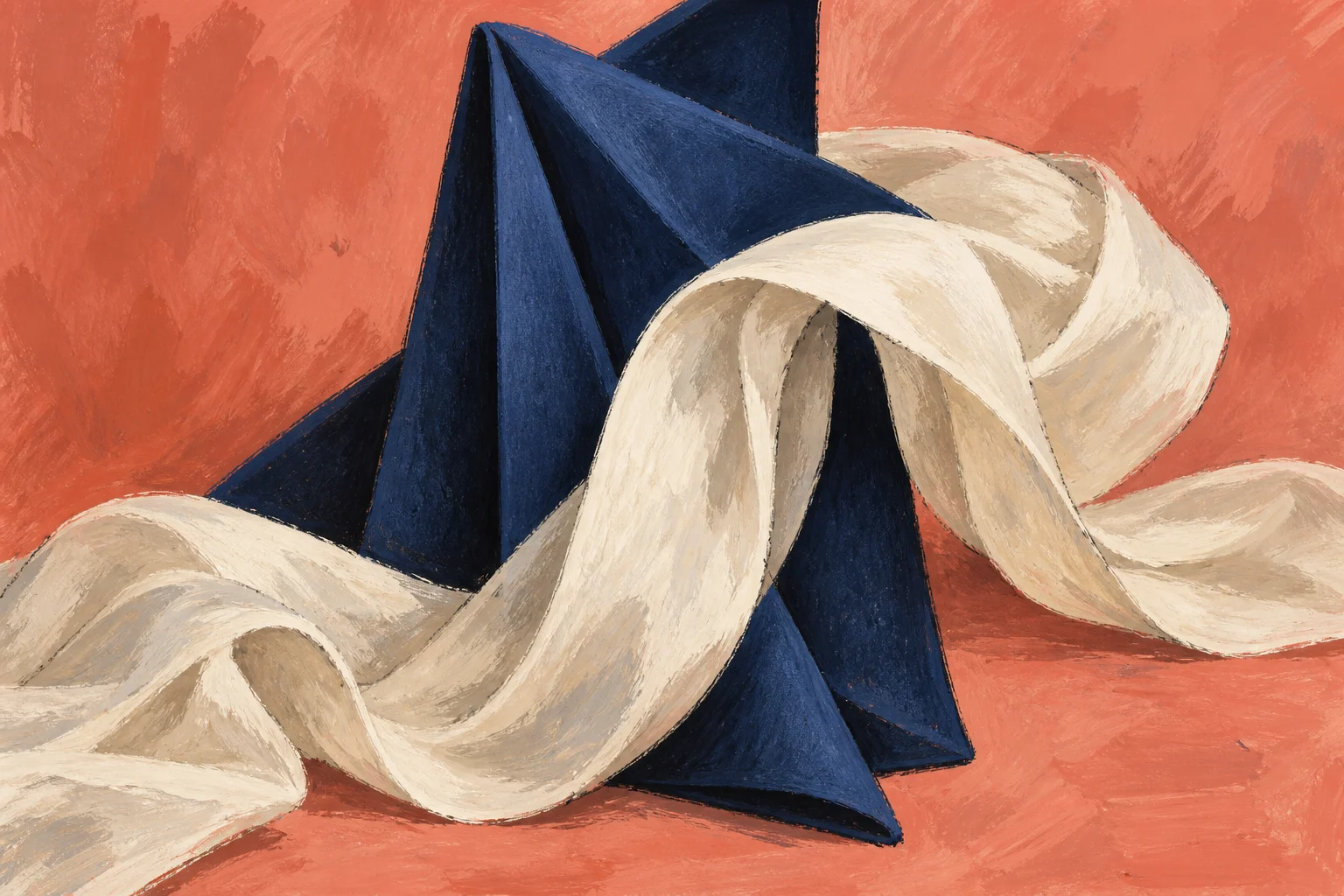 A sharply folded navy form intersects a flowing ivory ribbon of fabric in a textured painting on a muted coral background.