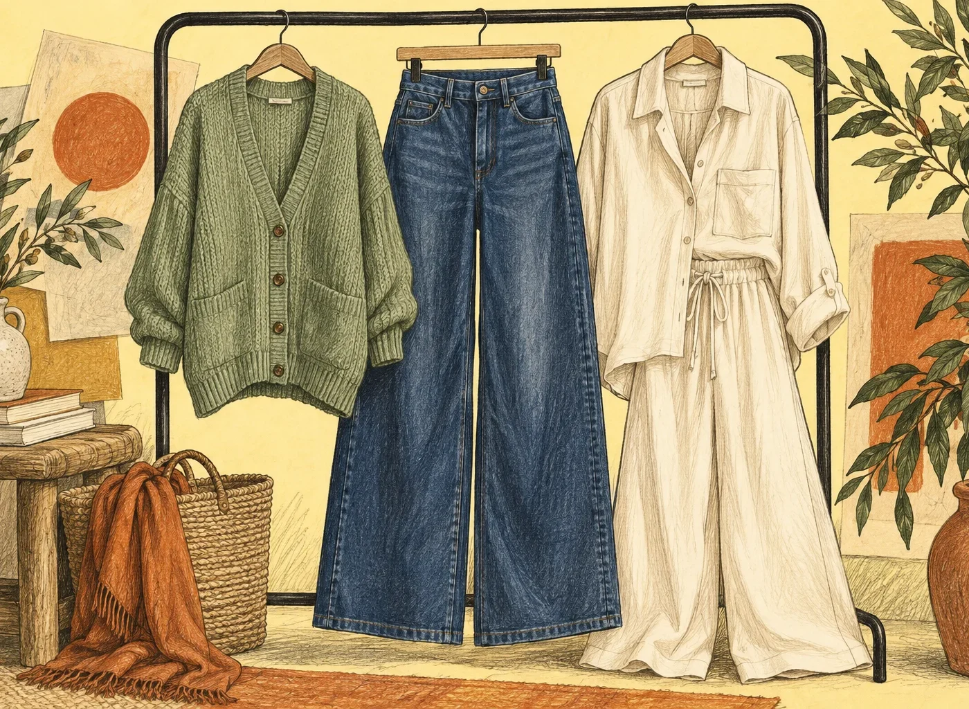 Colored-pencil illustration of a sage cardigan, indigo wide-leg jeans and ivory separates hanging on a black rail against yellow paper.
