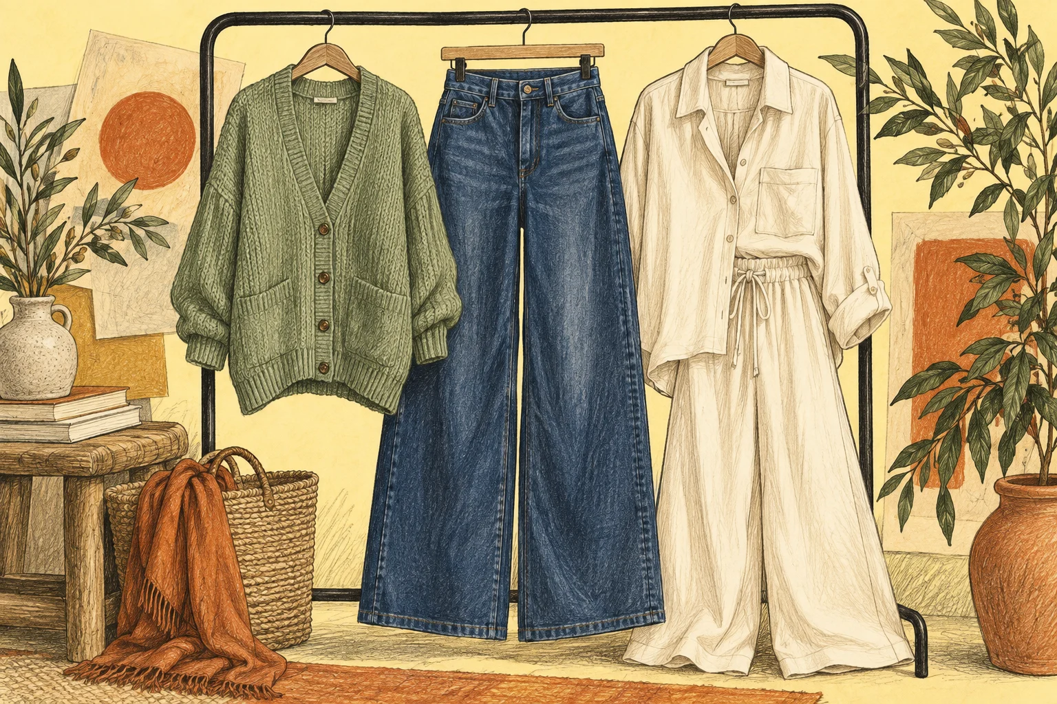Colored-pencil illustration of a sage cardigan, indigo wide-leg jeans and ivory separates hanging on a black rail against yellow paper.