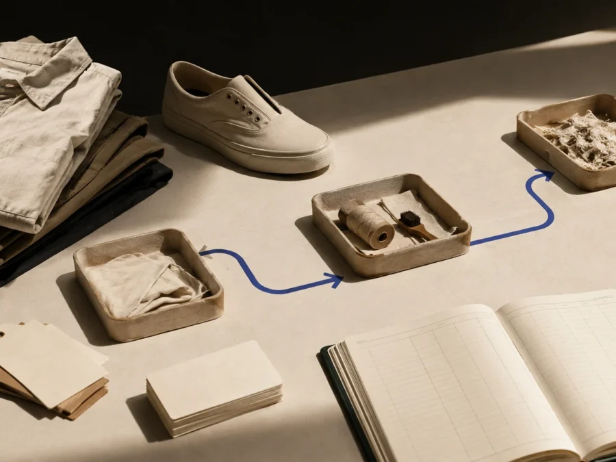 Unbranded folded garments and a plain shoe beside blank inventory cards, an open ledger, three shallow trays, and a cobalt route line on a warm paper table with one acid-lime tab.