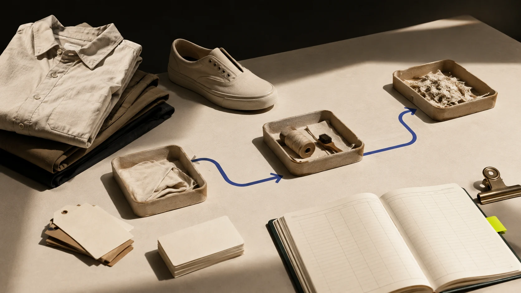 Unbranded folded garments and a plain shoe beside blank inventory cards, an open ledger, three shallow trays, and a cobalt route line on a warm paper table with one acid-lime tab.