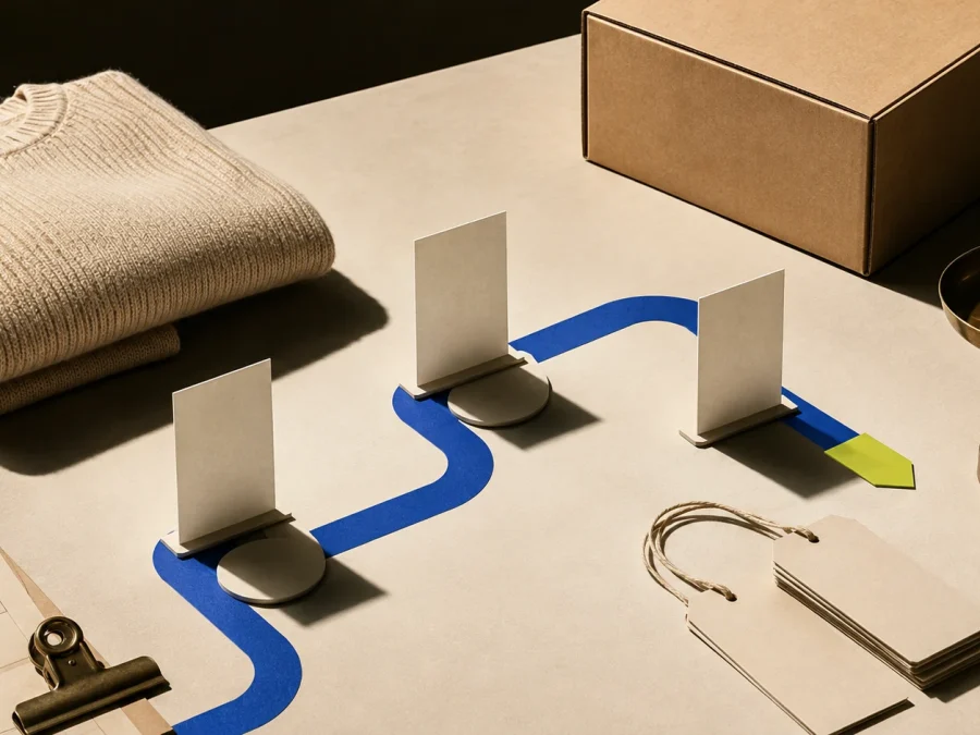 Unbranded folded knitwear, a plain shipping carton, blank hangtags, a brass scale, and three blank checkpoints connected by a cobalt path on a warm paper table with one acid-lime tab.