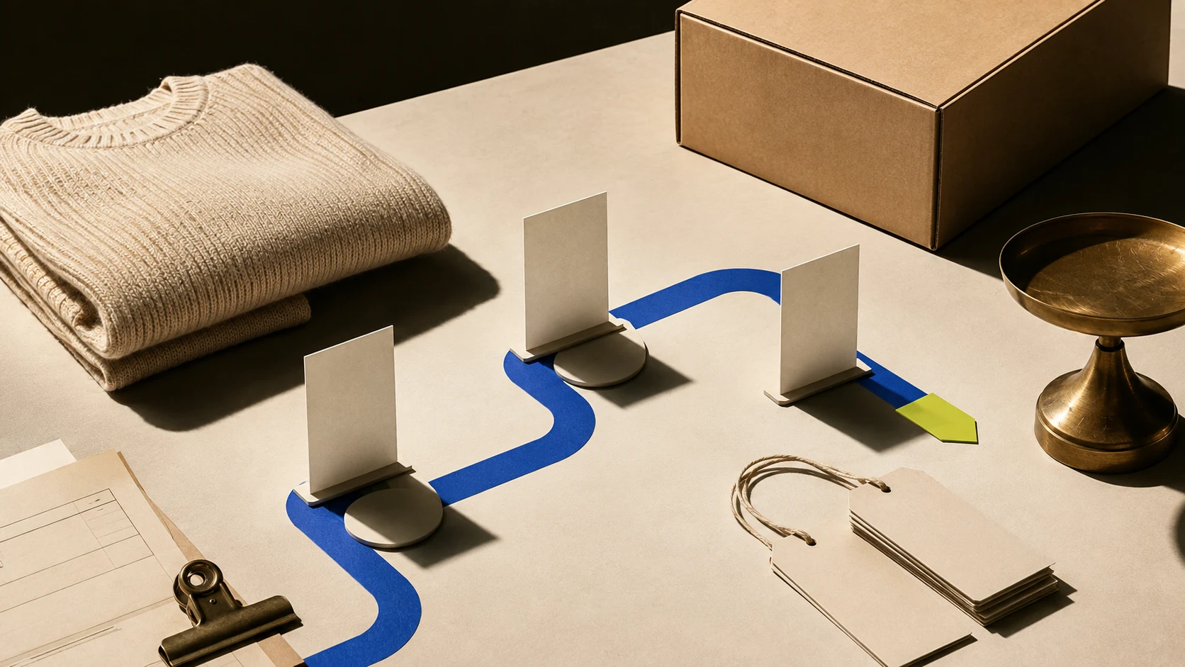 Unbranded folded knitwear, a plain shipping carton, blank hangtags, a brass scale, and three blank checkpoints connected by a cobalt path on a warm paper table with one acid-lime tab.