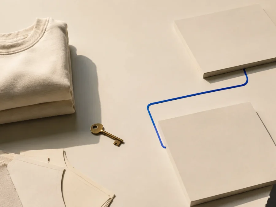 An unbranded folded garment, blank pattern pieces, a brass key, and two separate paper ledgers connected by a cobalt line on a warm paper worktable with one acid-lime tab.