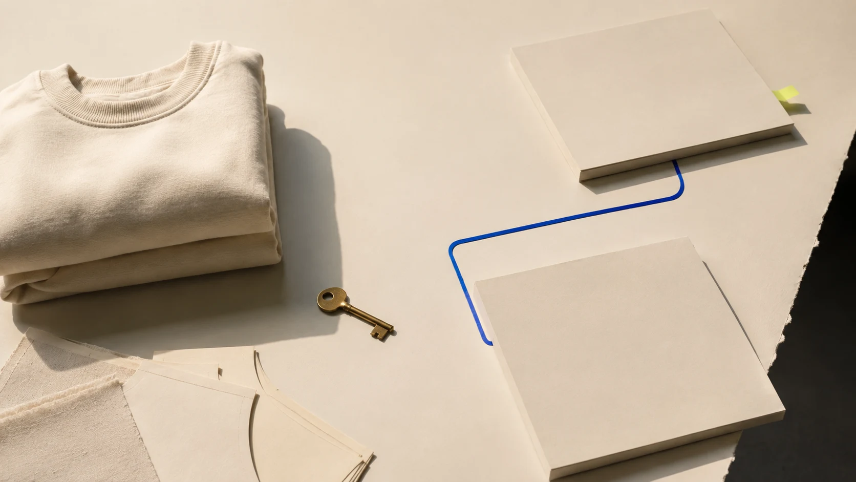 An unbranded folded garment, blank pattern pieces, a brass key, and two separate paper ledgers connected by a cobalt line on a warm paper worktable with one acid-lime tab.