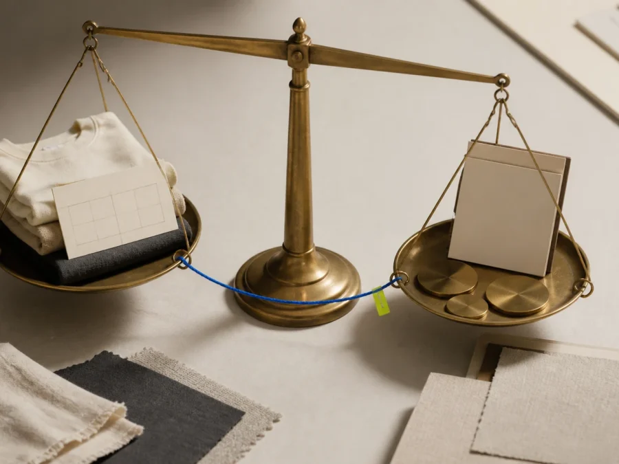 An unbranded brass balance scale with folded cotton garments on one tray and blank ledgers with brass discs on the other, connected by a cobalt thread on a warm paper table.