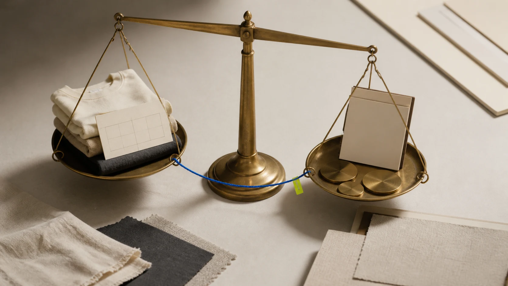 An unbranded brass balance scale with folded cotton garments on one tray and blank ledgers with brass discs on the other, connected by a cobalt thread on a warm paper table.