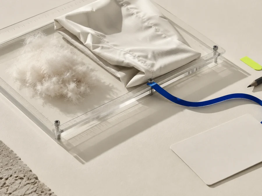 A clear measurement frame holds soft down-like fibers and a folded unbranded shell fabric beside a blank card, blue measuring tape, pencil, and a lime tab on a warm paper table.