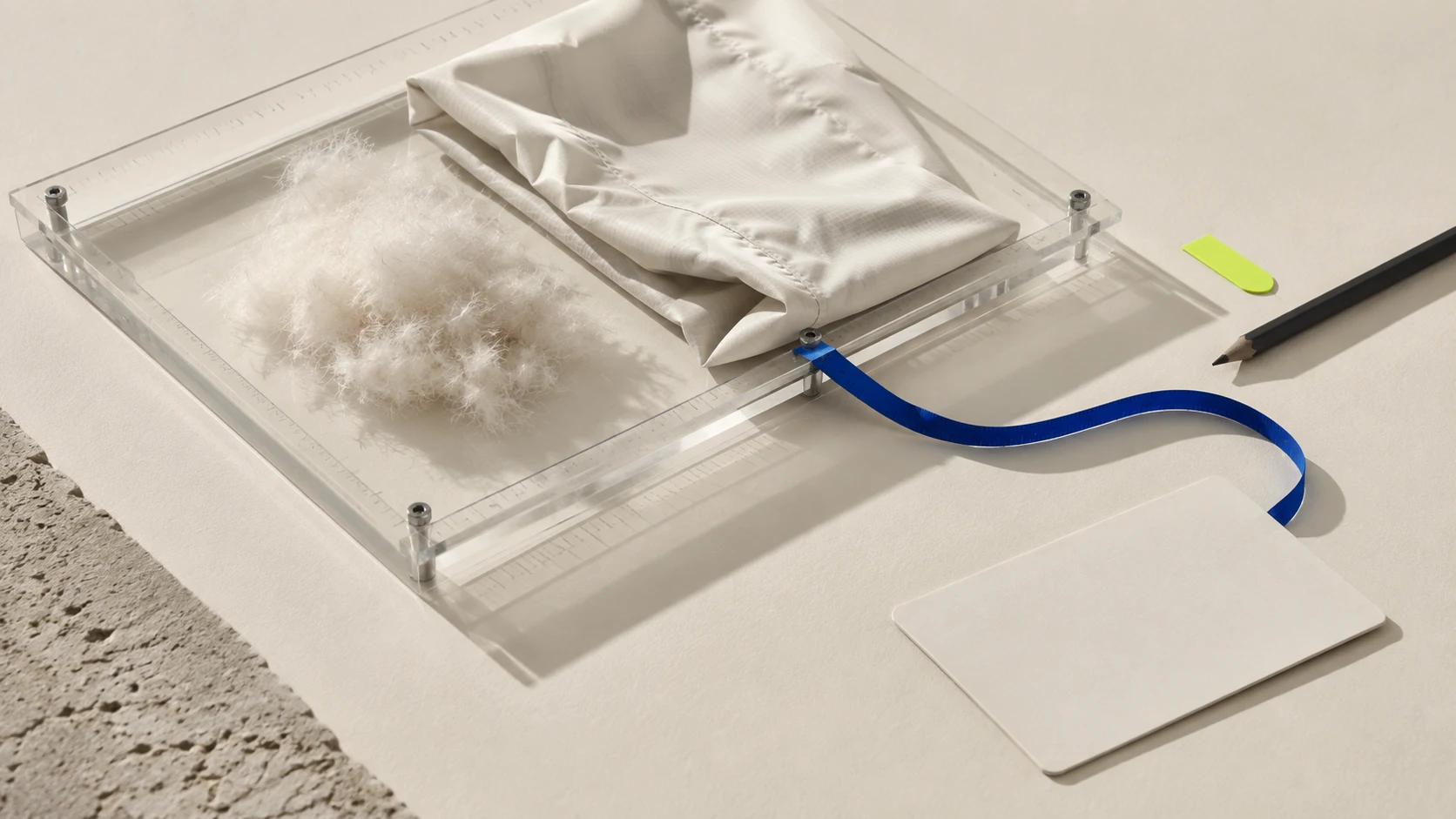 A clear measurement frame holds soft down-like fibers and a folded unbranded shell fabric beside a blank card, blue measuring tape, pencil, and a lime tab on a warm paper table.