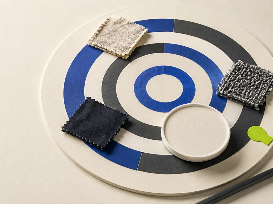 Three fabric swatches sit on concentric cobalt and charcoal rings beside a blank circular gauge, pencil, and lime audit tab on a cream paper table.