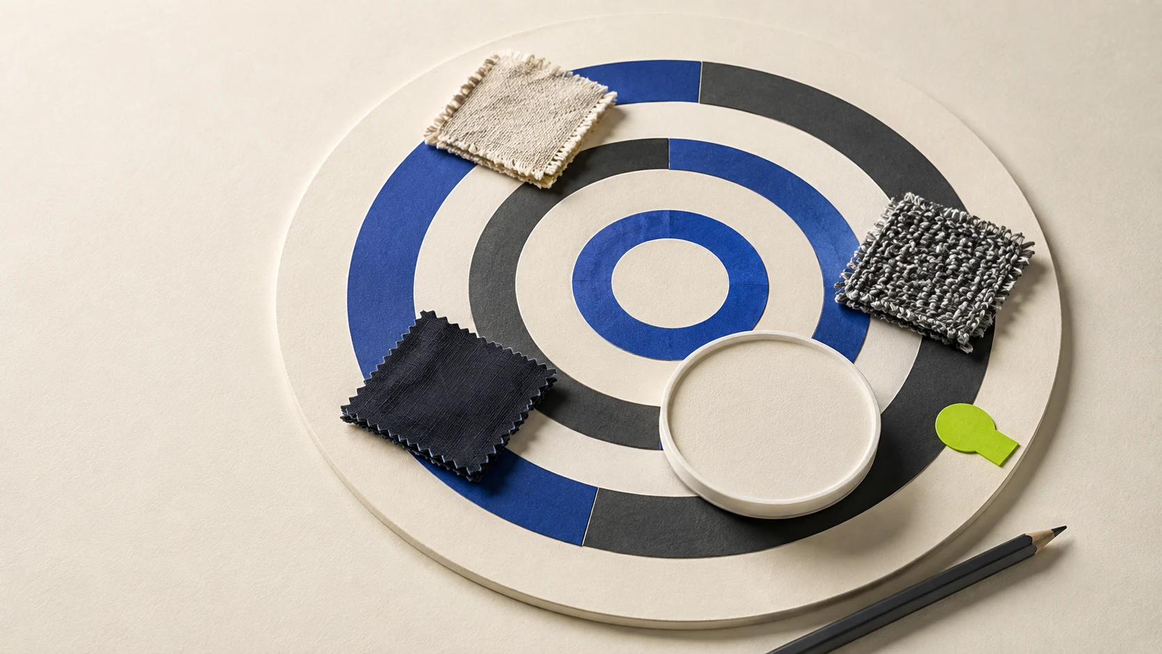 Three fabric swatches sit on concentric cobalt and charcoal rings beside a blank circular gauge, pencil, and lime audit tab on a cream paper table.