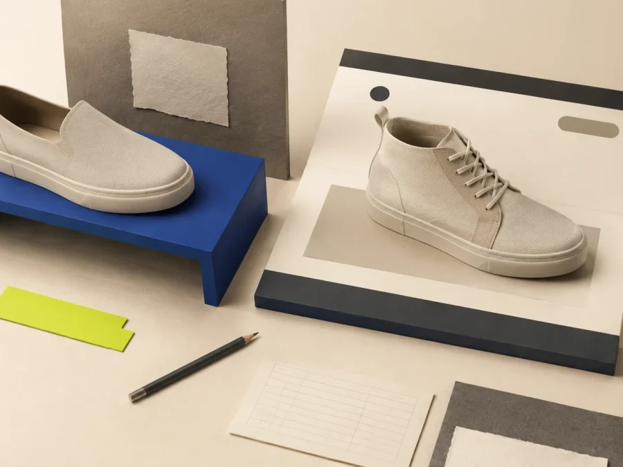 Two unbranded neutral shoes sit on separate cobalt and charcoal display forms beside a lime audit tab, pencil, and blank ledger card on a cream tabletop.