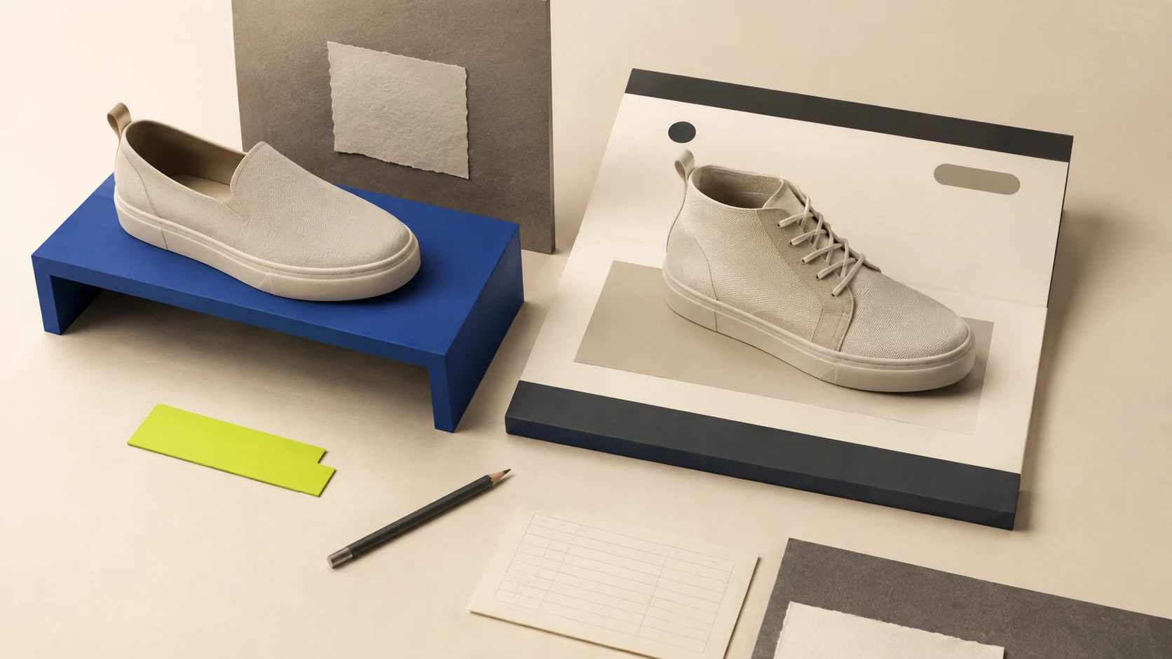 Two unbranded neutral shoes sit on separate cobalt and charcoal display forms beside a lime audit tab, pencil, and blank ledger card on a cream tabletop.