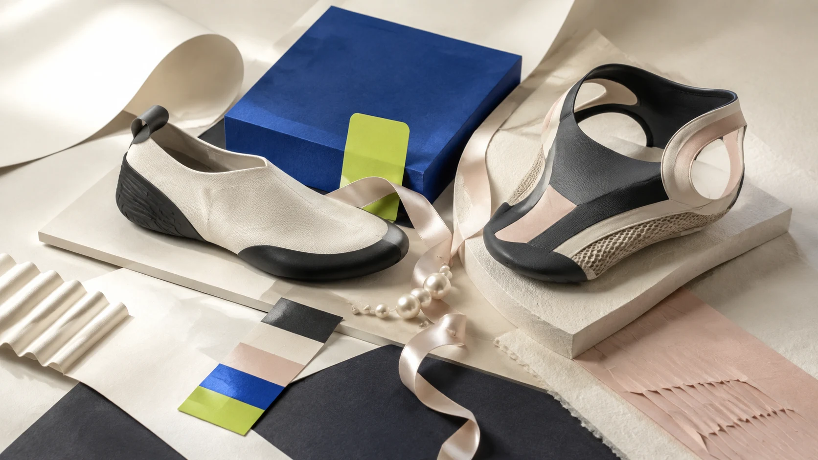 Two unbranded shoe-like forms, a satin ribbon, pearl-like beads, cobalt block, and lime paper tab form a tactile design study on an ivory tabletop.