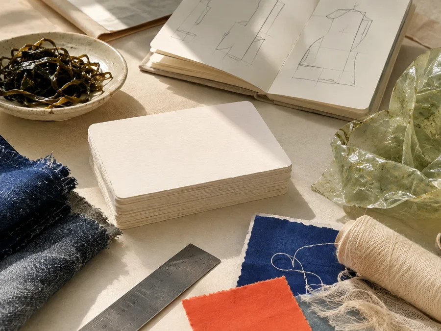 Unbranded indigo denim swatches, seaweed-like material, blank cards, a sketchbook of abstract garment lines, thread, a ruler, and a seedling arranged on an ivory worktable.