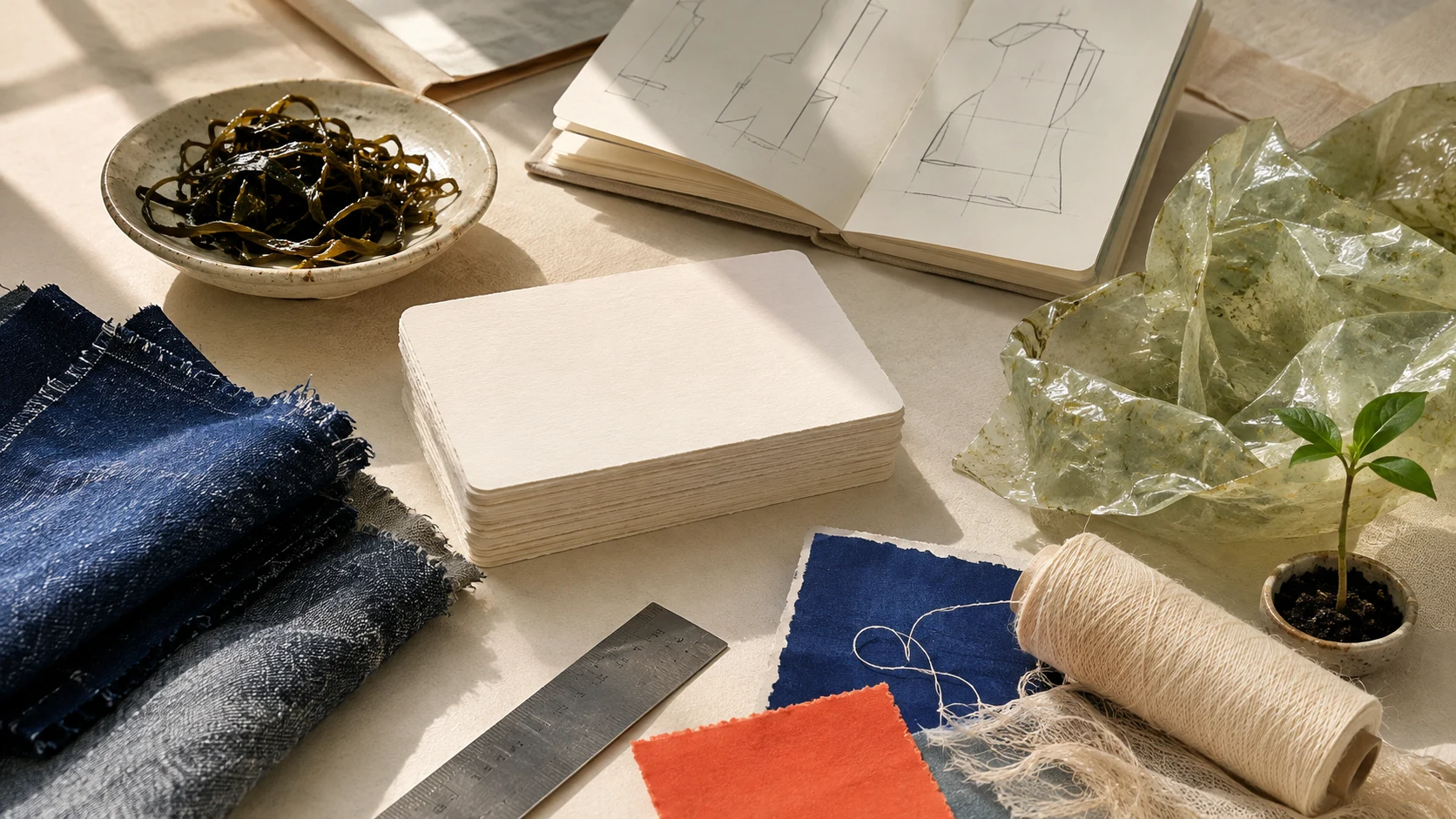 Unbranded indigo denim swatches, seaweed-like material, blank cards, a sketchbook of abstract garment lines, thread, a ruler, and a seedling arranged on an ivory worktable.