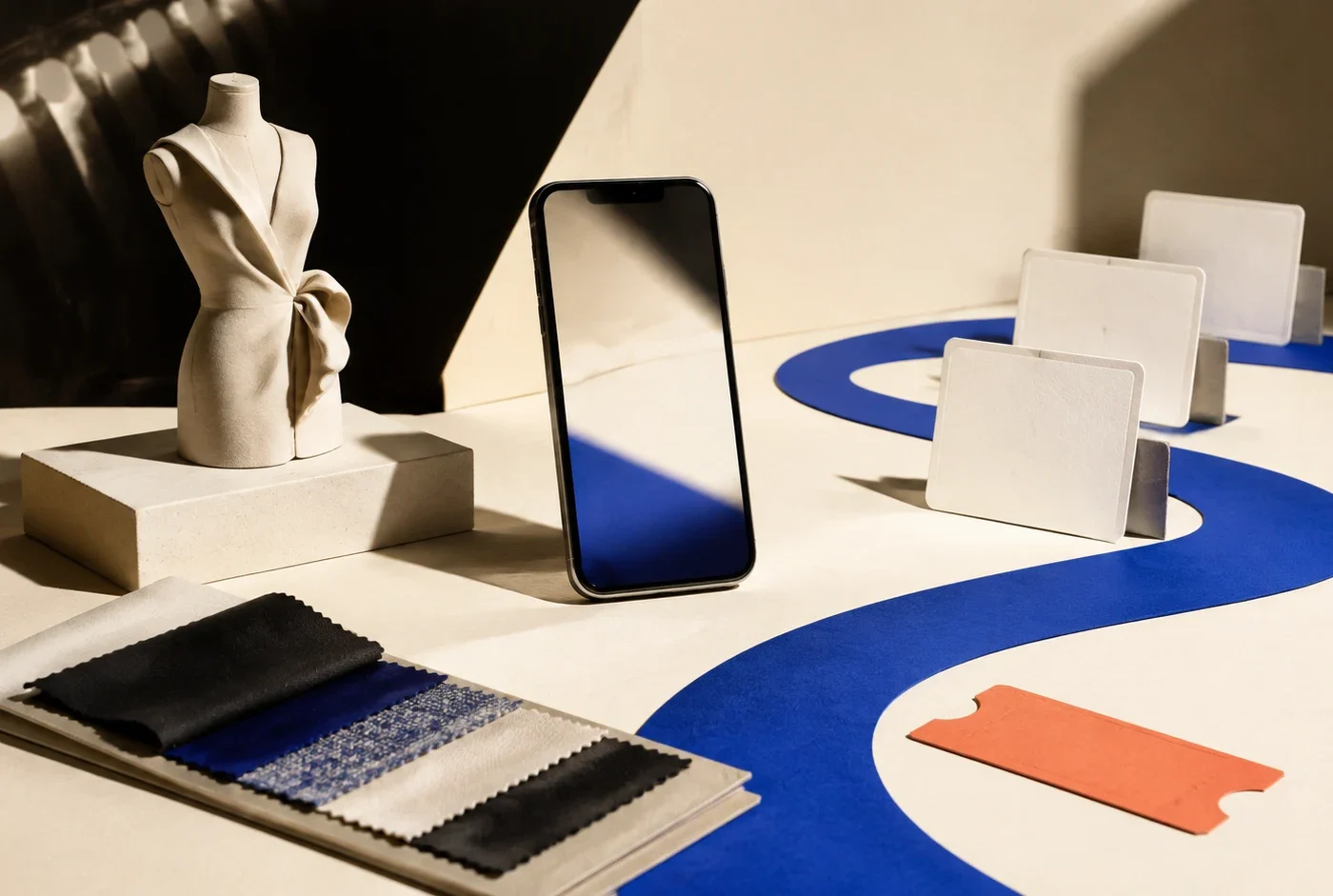 An unbranded sculptural garment form, blank smartphone, fabric swatches, product cards, and a cobalt path arranged on an ivory table.