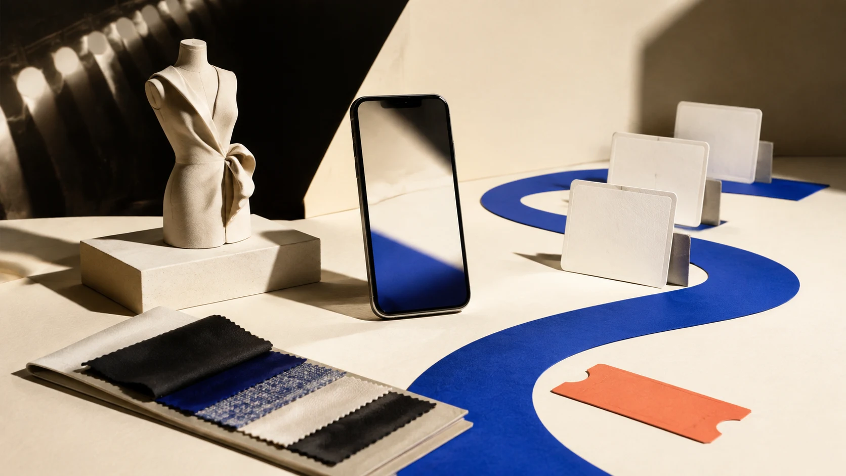 An unbranded sculptural garment form, blank smartphone, fabric swatches, product cards, and a cobalt path arranged on an ivory table.