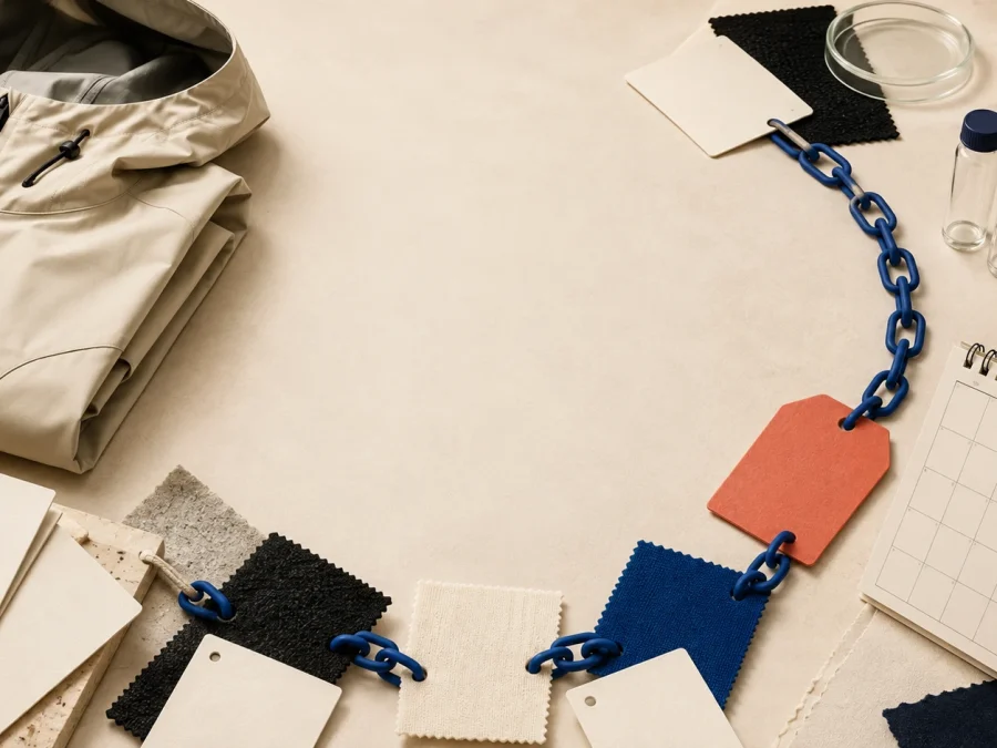 An unbranded folded rain shell, blank material cards, blue chain links, sample vials, fabric swatches, and a blank calendar on an ivory worktable.
