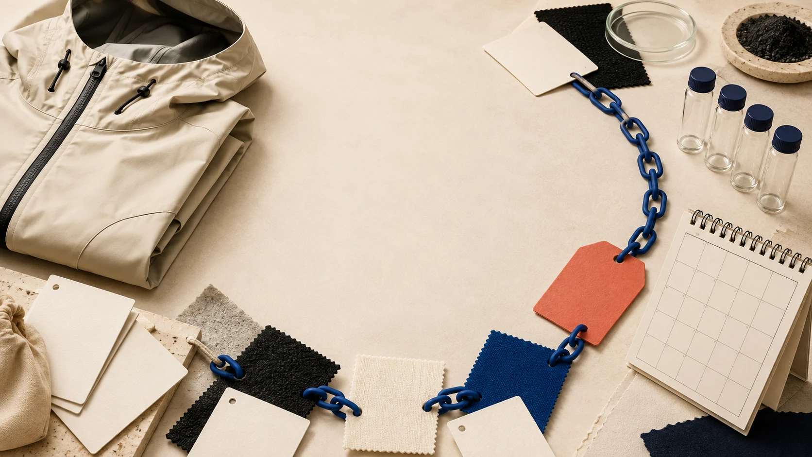 An unbranded folded rain shell, blank material cards, blue chain links, sample vials, fabric swatches, and a blank calendar on an ivory worktable.