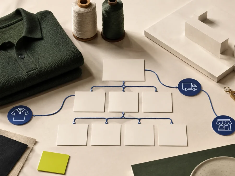 An unbranded folded knit, blank organization cards, thread spools, an abstract architectural panel, and a cobalt line joining product and operations on an ivory studio table.