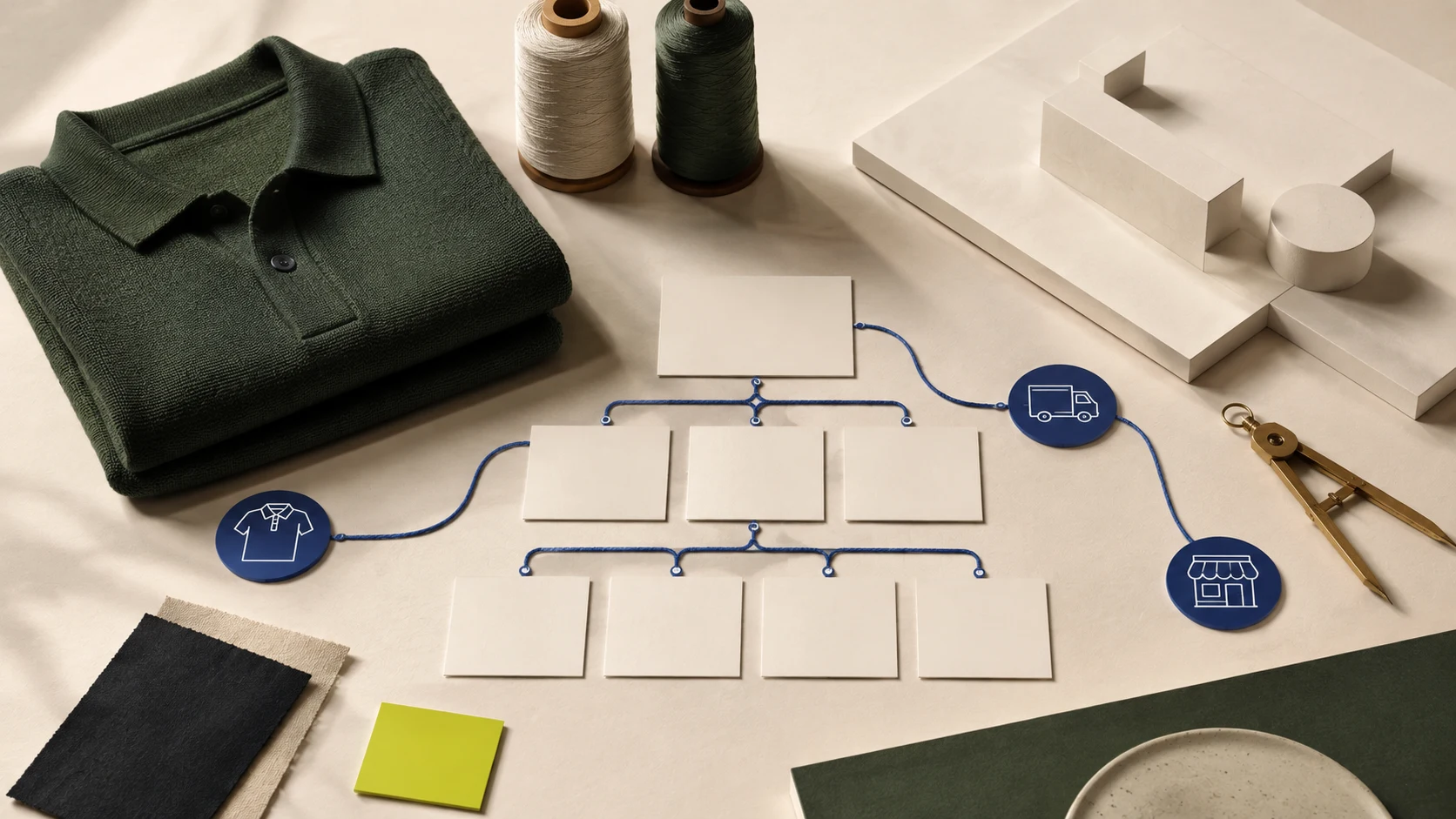 An unbranded folded knit, blank organization cards, thread spools, an abstract architectural panel, and a cobalt line joining product and operations on an ivory studio table.