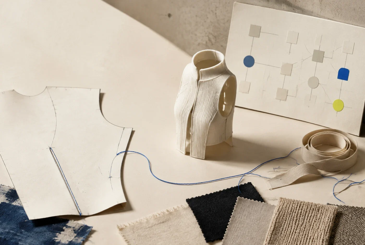 An unbranded pattern piece, measuring tape, material swatches, and a blank workflow board arranged on a warm paper worktable with a cobalt line linking design and production.