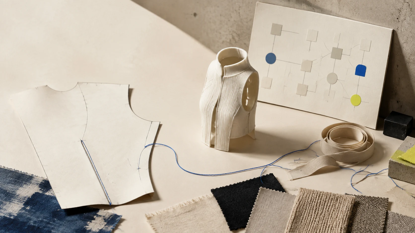 An unbranded pattern piece, measuring tape, material swatches, and a blank workflow board arranged on a warm paper worktable with a cobalt line linking design and production.