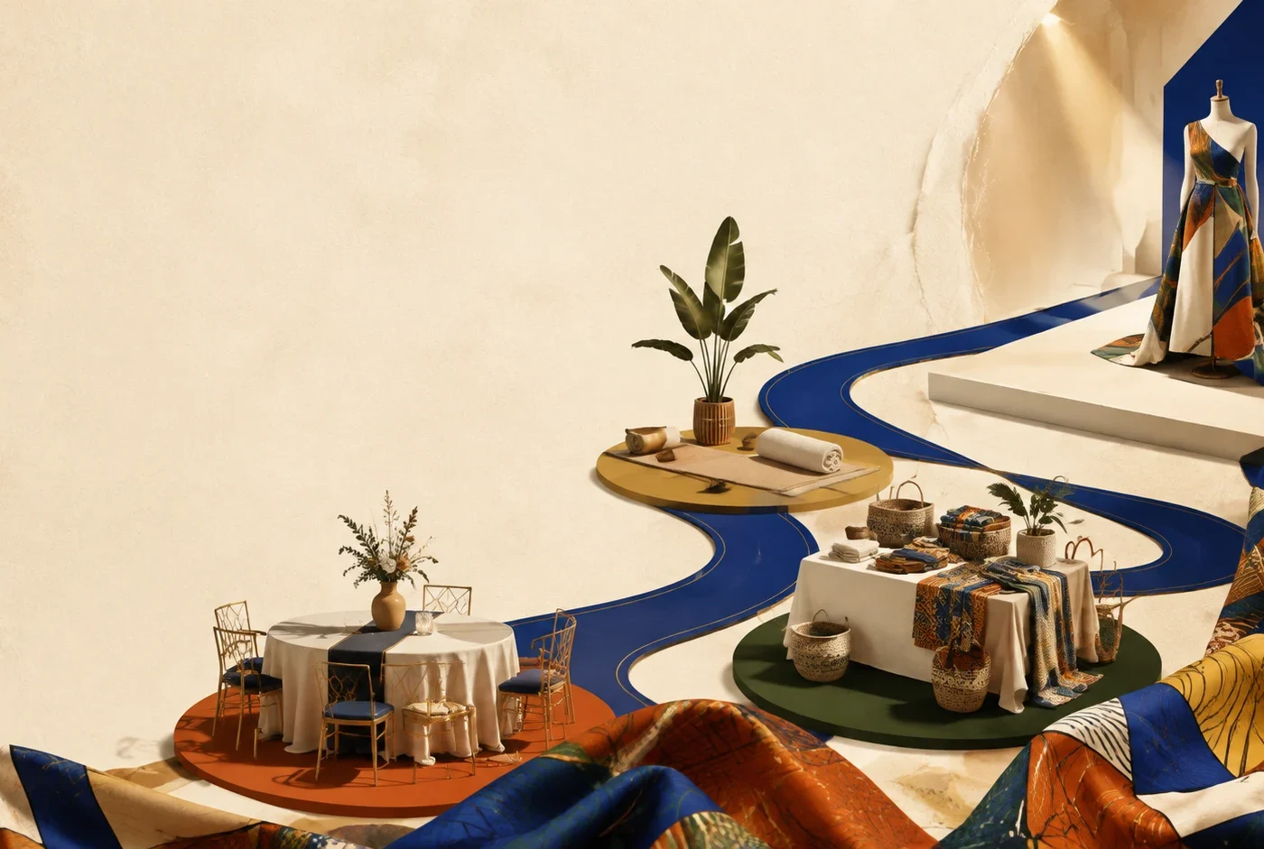 An unbranded cobalt route line links four abstract event stations, warm textile shapes, and a small runway platform on a cream editorial field.
