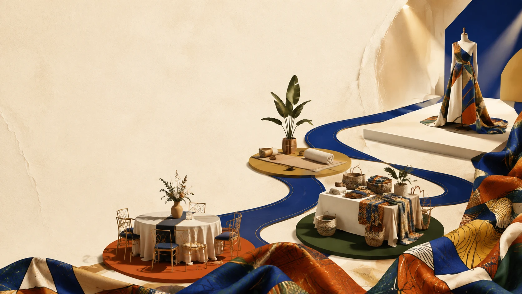 An unbranded cobalt route line links four abstract event stations, warm textile shapes, and a small runway platform on a cream editorial field.
