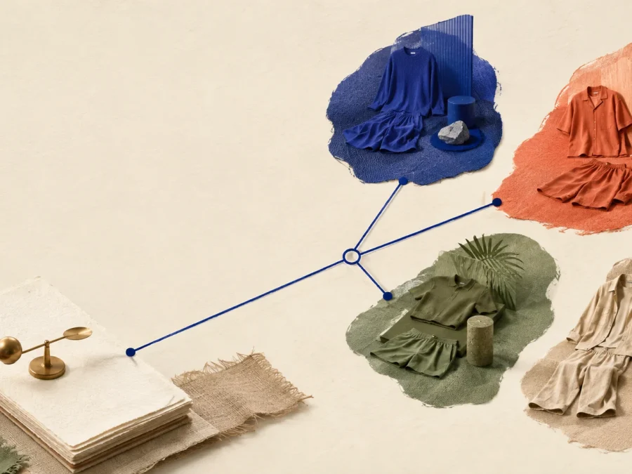 Four unbranded garment islands sit around a cobalt reset line beside a quiet margin ledger on a warm paper field.