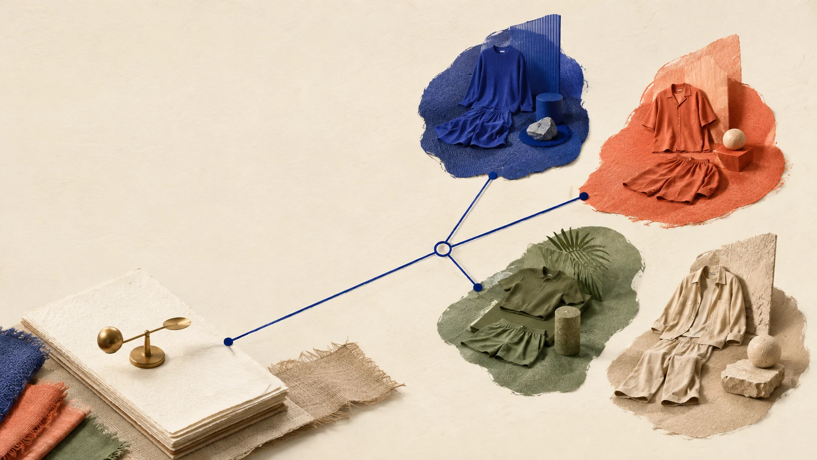 Four unbranded garment islands sit around a cobalt reset line beside a quiet margin ledger on a warm paper field.
