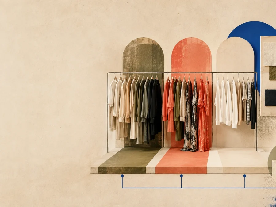 An unbranded apparel rail is divided into core, expressive, and accessible lanes beside a cobalt route line and fabric swatches.