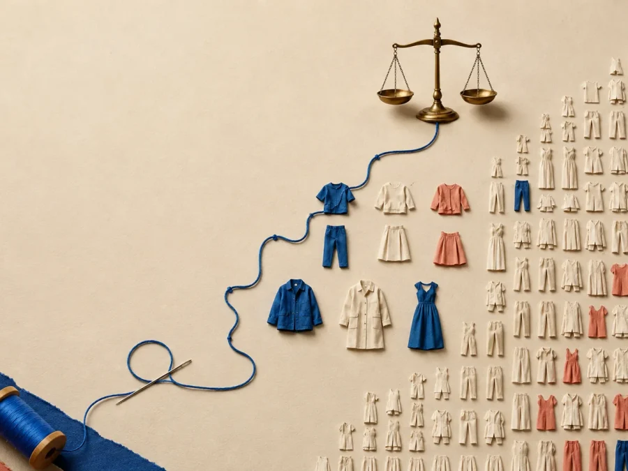 A field of miniature unbranded garments narrows toward a few larger pieces, joined by blue repair thread to a brass balance scale.