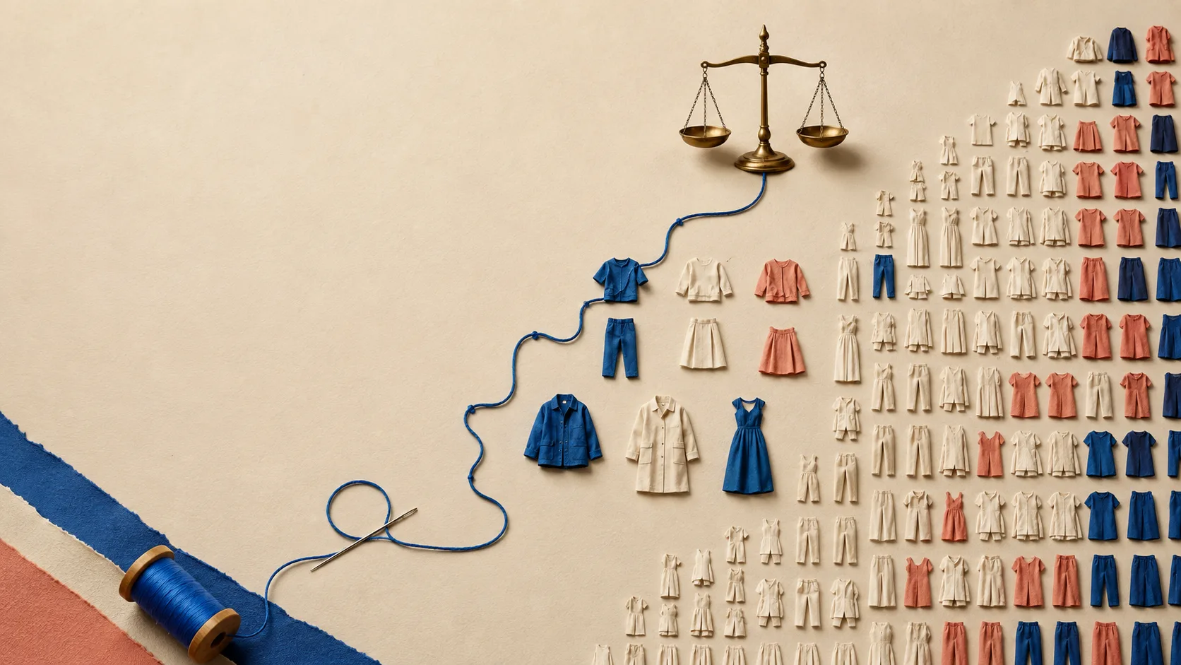 A field of miniature unbranded garments narrows toward a few larger pieces, joined by blue repair thread to a brass balance scale.