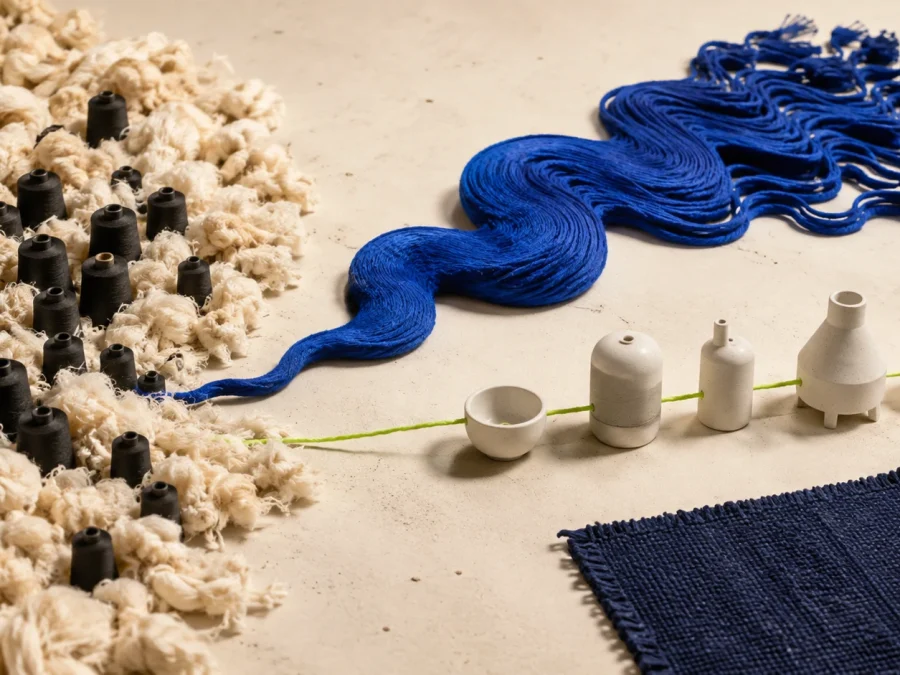Pale fiber, black yarn cones, and cobalt thread form two diverging paths across a warm paper worktable.