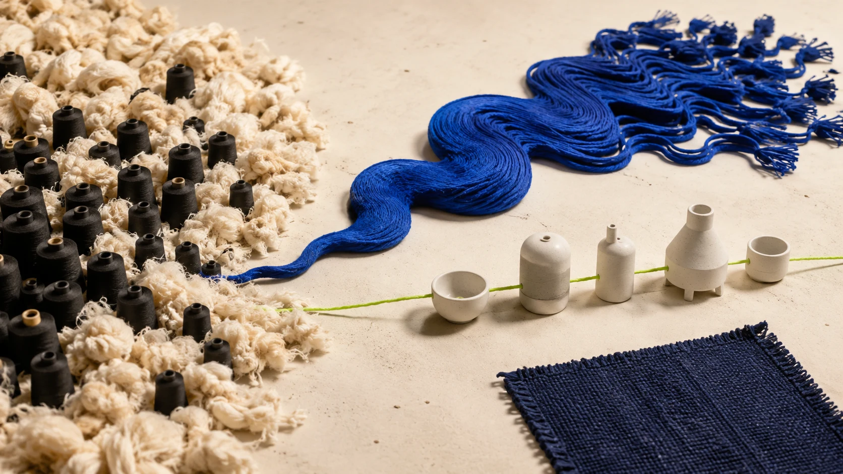 Pale fiber, black yarn cones, and cobalt thread form two diverging paths across a warm paper worktable.