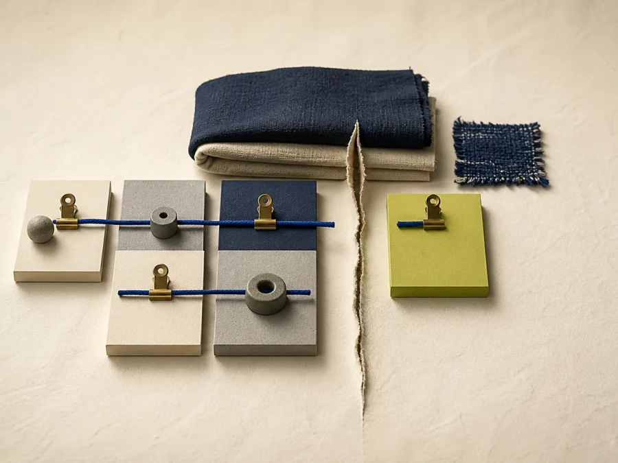Folded fabrics and a cobalt cord cross six weighted paper platforms, stopping at a gap before a lime platform.