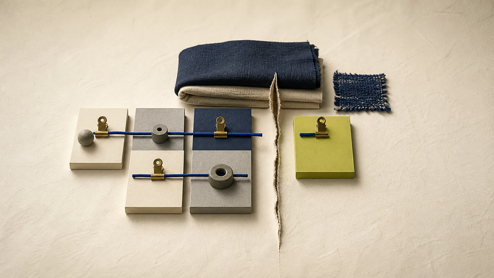 Folded fabrics and a cobalt cord cross six weighted paper platforms, stopping at a gap before a lime platform.