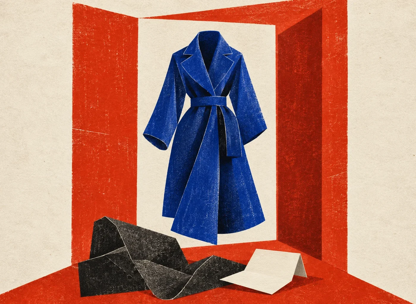 Conceptual cut-paper illustration of a blue coat shape within a red doorway, with an ivory folded sheet below.