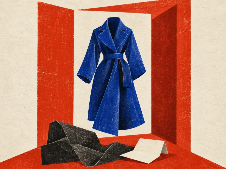 Conceptual cut-paper illustration of a blue coat shape within a red doorway, with an ivory folded sheet below.
