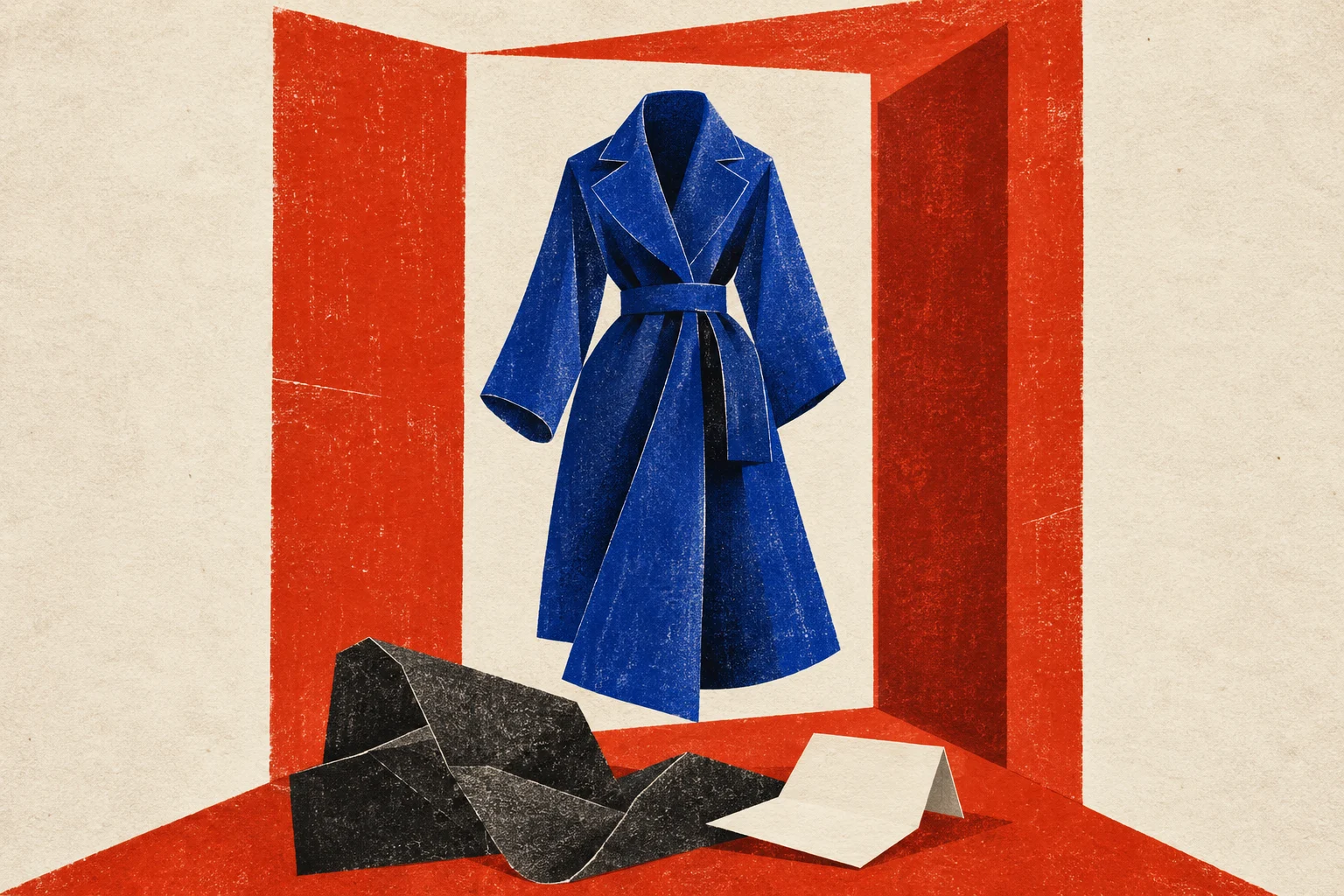 Conceptual cut-paper illustration of a blue coat shape within a red doorway, with an ivory folded sheet below.